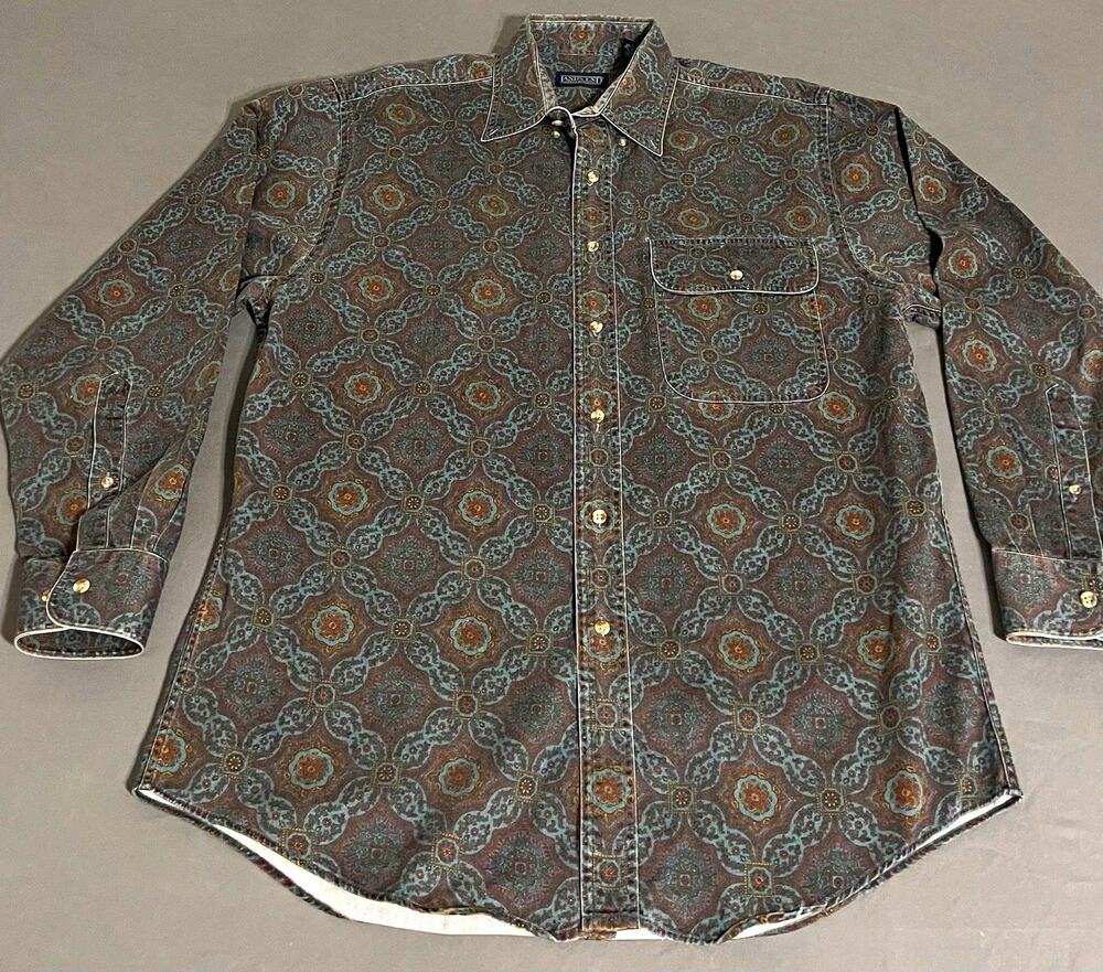 Vintage 90s Lands End Medallion Paisley Shirt Mens M Cotton Flap Pocket Green